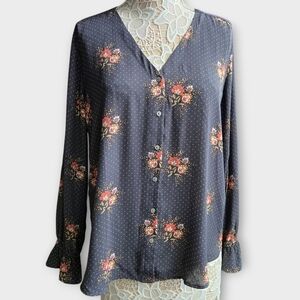 LOFT Dark Blue/Gray Floral Blouse. Size: L